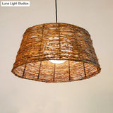 Flare Pendant Light - Asian Rattan 1-Head Brown Ceiling Lamp With Milk Glass Shade