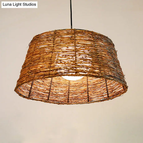 Flare Pendant Light - Asian Rattan 1-Head Brown Ceiling Lamp With Milk Glass Shade