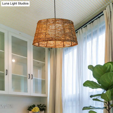 Flare Pendant Light - Asian Rattan 1-Head Brown Ceiling Lamp With Milk Glass Shade