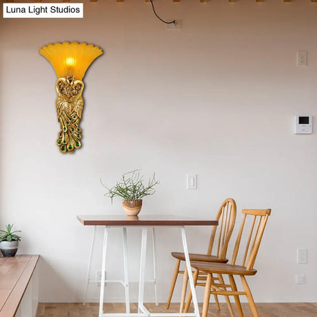 Flared Corridor Sconce Lamp With Peacock Design - Country Amber Glass And Resin Gold Finish Wall