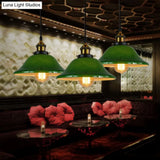 Flared Green Glass Pendant Lighting - 3 Lights Industrial Style Brass Finish