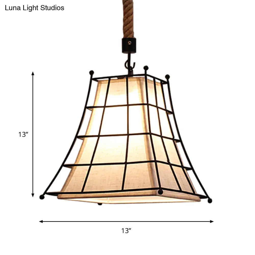 Flared Hanging Lamp With Fabric Shade - Wire Frame Rustic Suspension Light In Black