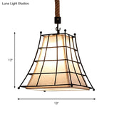 Flared Hanging Lamp With Fabric Shade - Wire Frame Rustic Suspension Light In Black