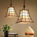 Flared Hanging Lamp With Fabric Shade - Wire Frame Rustic Suspension Light In Black Flaxen