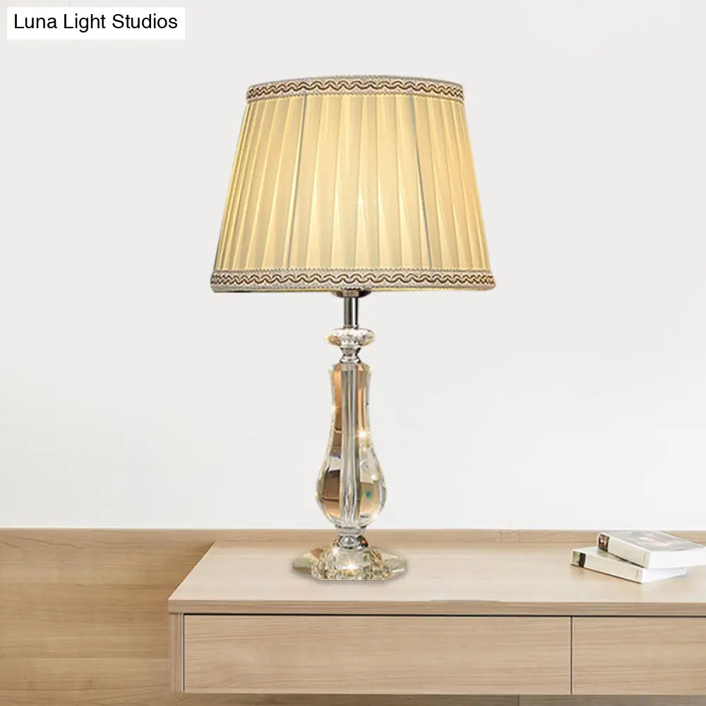Flared/Pleated Shade Table Light: Traditional Beige/Burgundy/Sky Blue Fabric Nightstand Lamp With