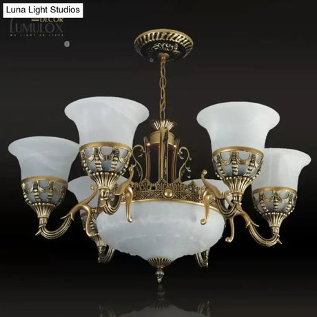 Flared Shade Alabaster Glass Chandelier Traditional 9 Heads Dining Room Suspension Light In Bronze