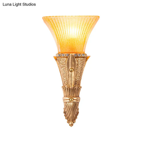 Flared Wall Mount Light: Traditional 1-Light Orange Glass & Resin Sconce In Gold For Corridor