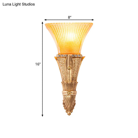 Flared Wall Mount Light: Traditional 1-Light Orange Glass & Resin Sconce In Gold For Corridor