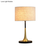 Flaxen Metal Table Lamp With Cylinder Fabric Shade - Ideal Bedroom Night Lighting