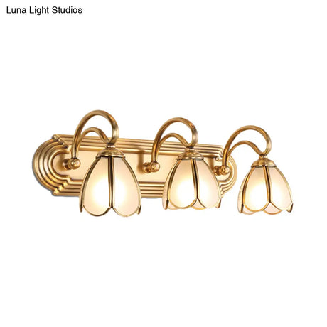 Floral Bathroom Vanity Light Fixture With Frosted White Glass And Gold Accents