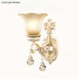 Floral Beige Glass Wall Lamp With Crystal Draping - Retro Style Living Room Fixture