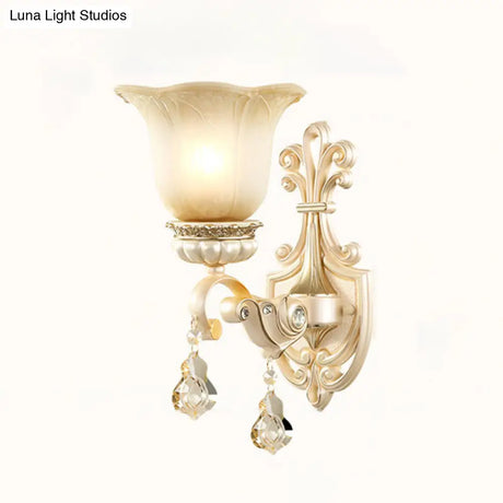 Floral Beige Glass Wall Lamp With Crystal Draping - Retro Style Living Room Fixture