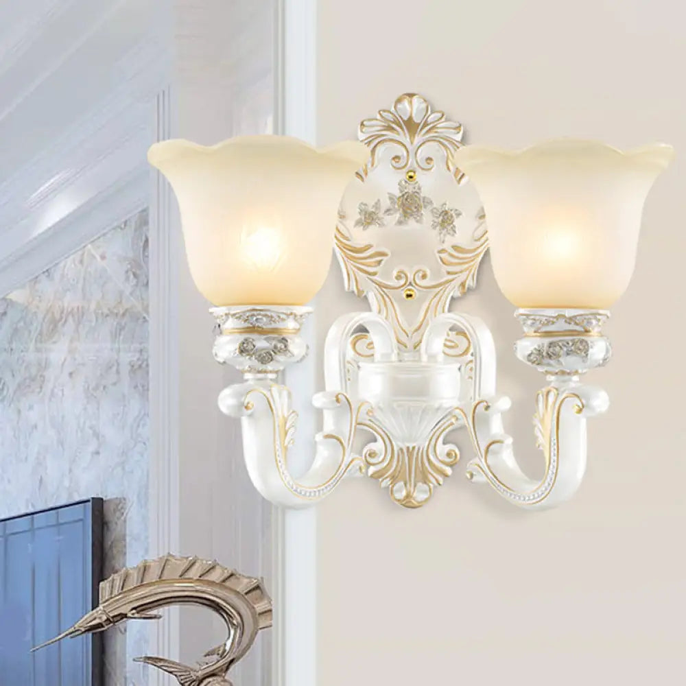 Floral Cream Glass Wall Sconce - White Cottage Light Single/Double Head Elegant Swooping Arm 2 /