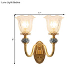 Floral Farmhouse Dining Room Wall Sconce - Clear Ribbed Glass 6/17 W 2 Lights Brass Finish