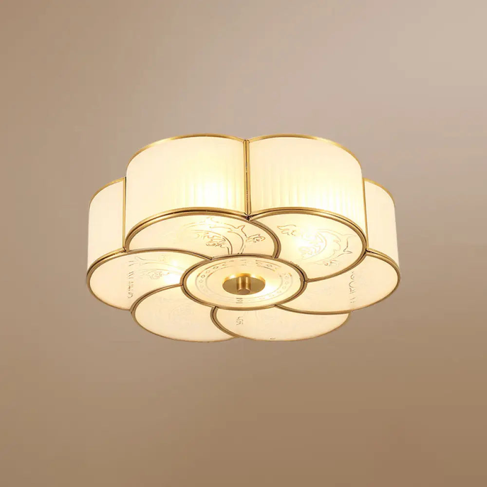 Floral Frost Glass Ceiling Light: Bedroom Flush Fixture In Brass