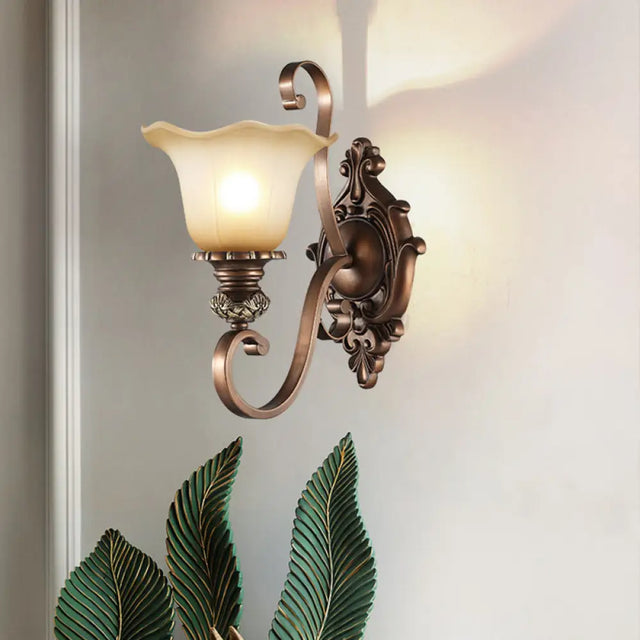 Floral Frosted Glass Wall Light In Classic Brown For Elegant Living Room Lighting 1 /