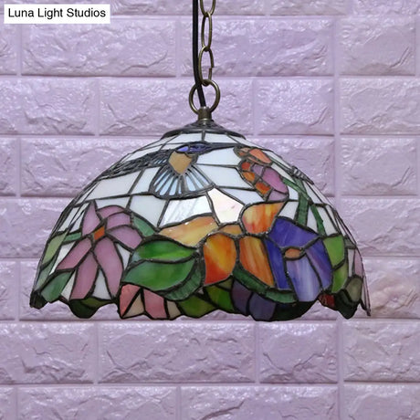 Floral Pattern Tiffany-Style Pendant Ceiling Light: 1 Bulb Black Stained Glass Down Lighting