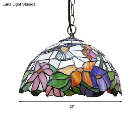 Floral Pattern Tiffany-Style Pendant Ceiling Light: 1 Bulb Black Stained Glass Down Lighting