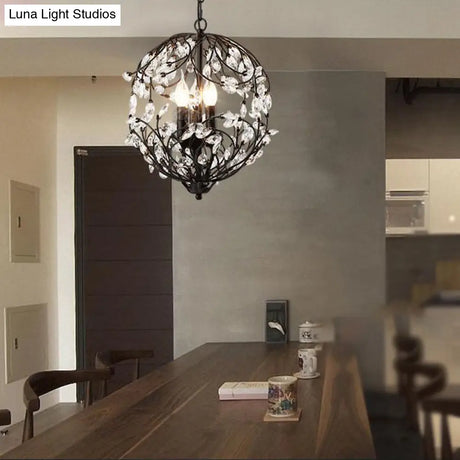 Floral Sphere Hanging Chandelier: Traditional 3-Light Black/Bronze Iron Lamp With Crystal Accent