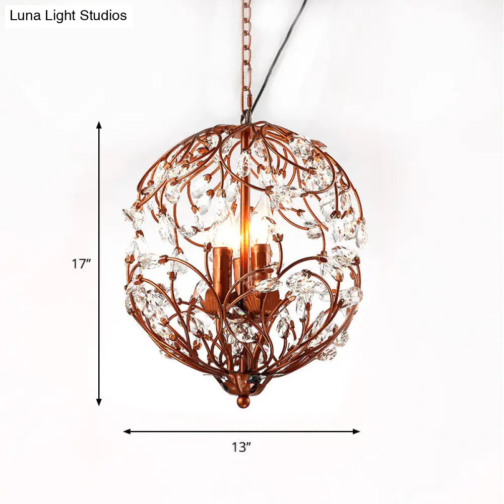 Floral Sphere Hanging Chandelier: Traditional 3-Light Black/Bronze Iron Lamp With Crystal Accent