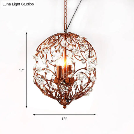 Floral Sphere Hanging Chandelier: Traditional 3-Light Black/Bronze Iron Lamp With Crystal Accent