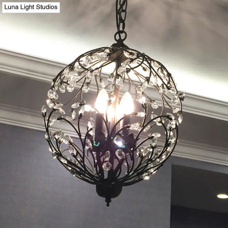 Floral Sphere Hanging Chandelier: Traditional 3-Light Black/Bronze Iron Lamp With Crystal Accent