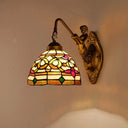 Floral Stained Glass Wall Light Fixture - Decorative Single Gold Mounted Lamp With Dome Shade /