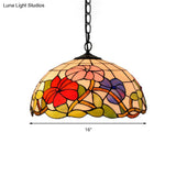 Floral Tiffany Stained Glass Suspension Light - Black Pendent Ceiling For Living Room