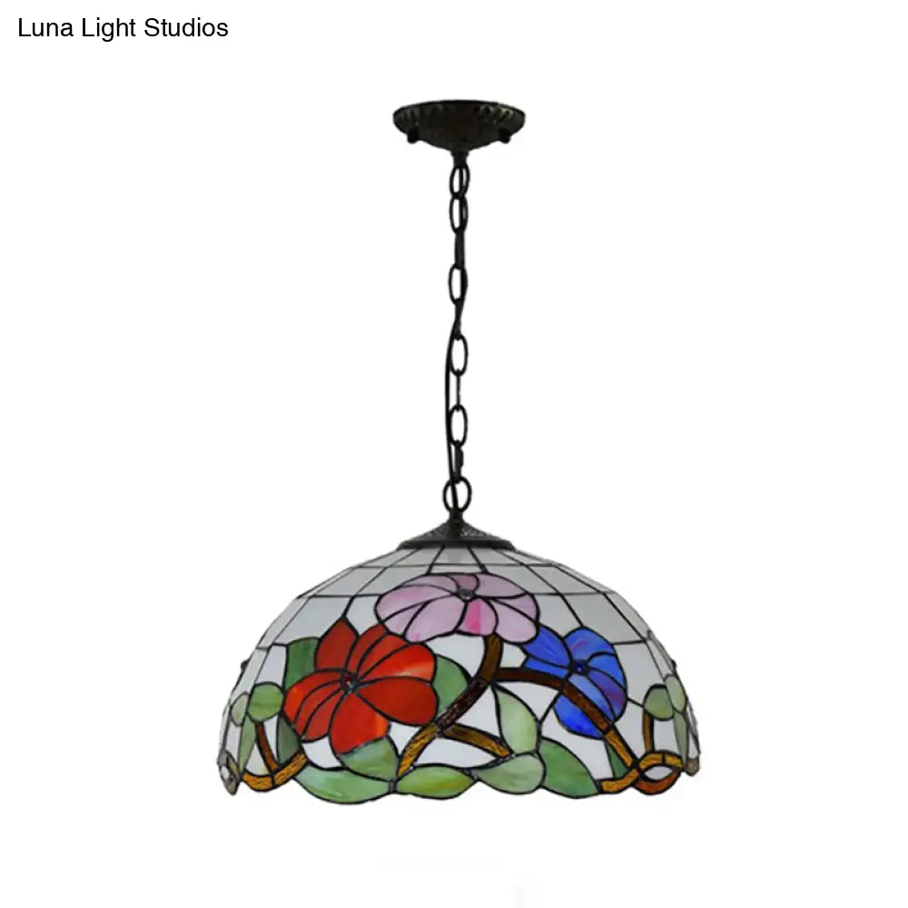 Floral Tiffany Stained Glass Suspension Light - Black Pendent Ceiling For Living Room