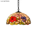 Floral Tiffany Stained Glass Suspension Light - Black Pendent Ceiling For Living Room