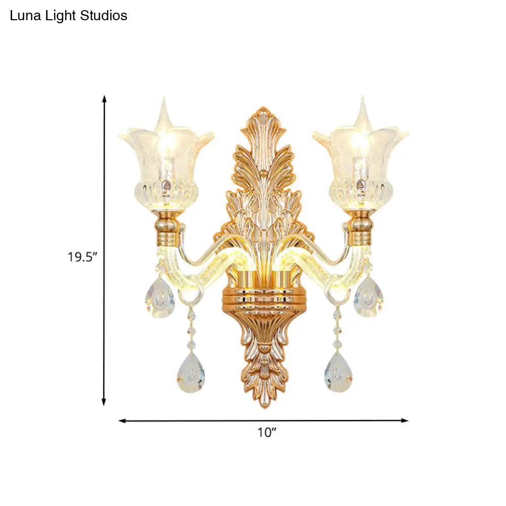 Floral Wall Sconce With Luminous Arm And Clear Crystal Glass - 2 Light Option