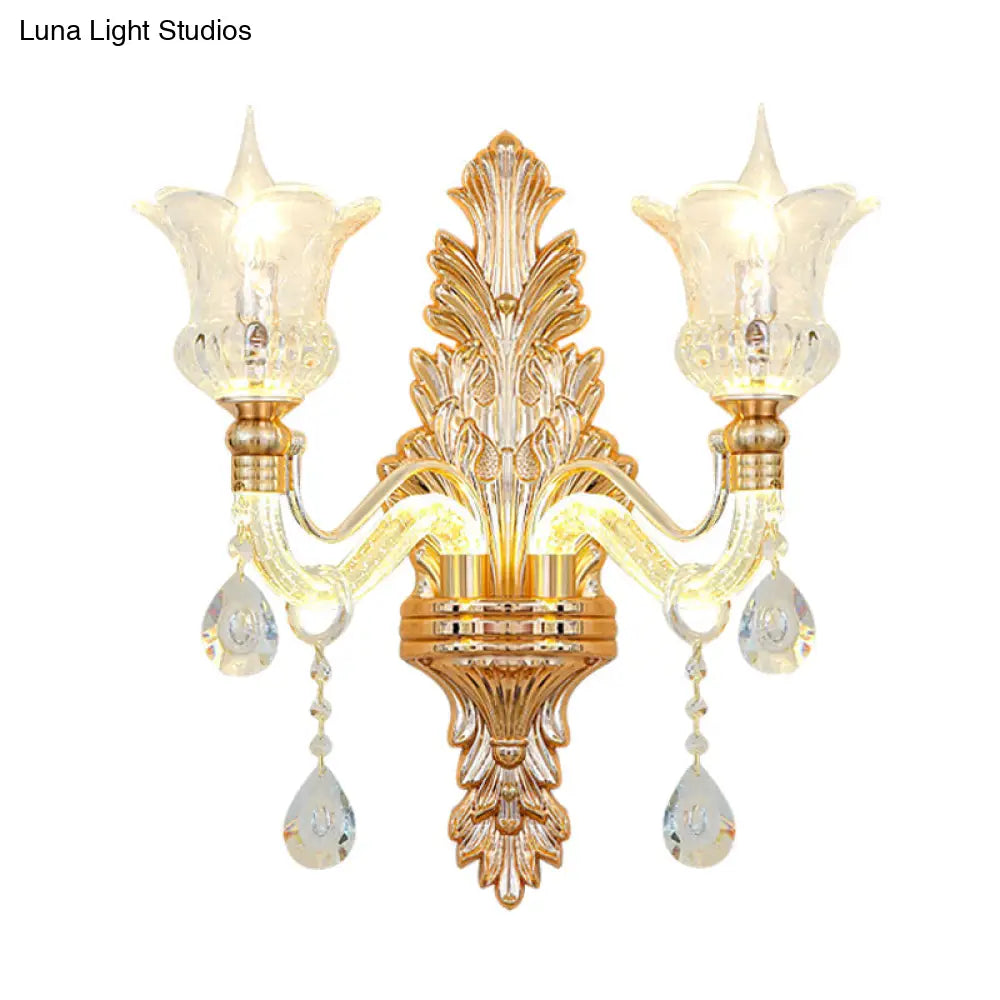 Floral Wall Sconce With Luminous Arm And Clear Crystal Glass - 2 Light Option