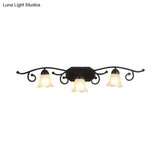 Floral White Glass Shade Vanity Lighting - Countryside Bathroom Wall Mounted Lamp 2/3 Heads Black