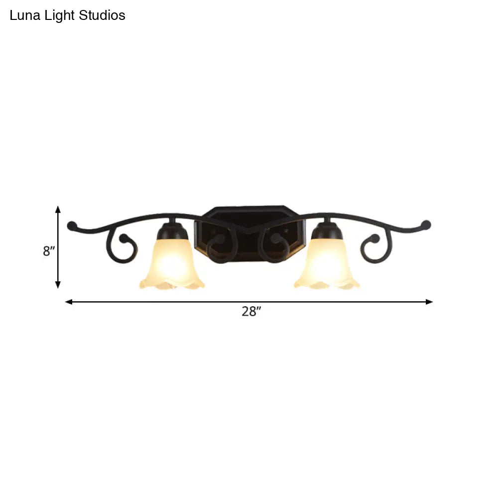 Floral White Glass Shade Vanity Lighting - Countryside Bathroom Wall Mounted Lamp 2/3 Heads Black