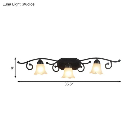Floral White Glass Shade Vanity Lighting - Countryside Bathroom Wall Mounted Lamp 2/3 Heads Black