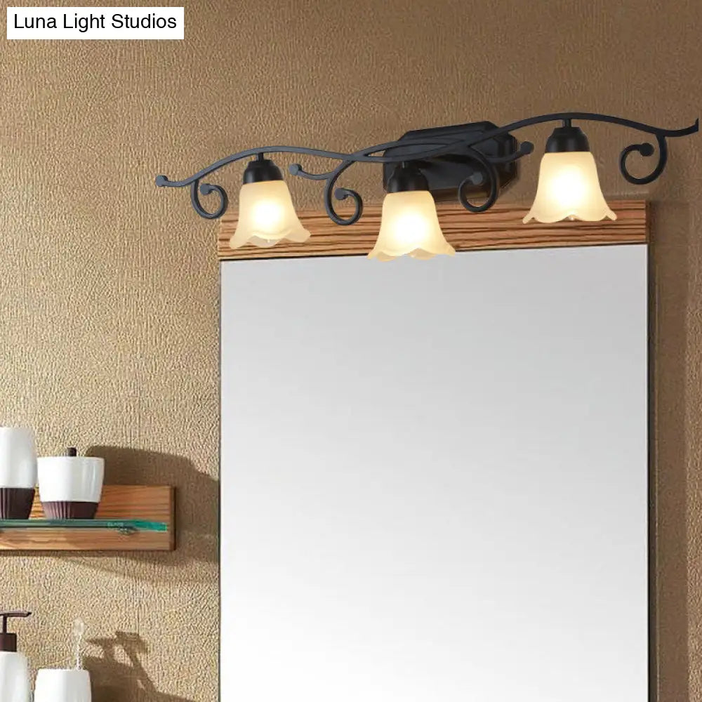 Floral White Glass Shade Vanity Lighting - Countryside Bathroom Wall Mounted Lamp 2/3 Heads Black