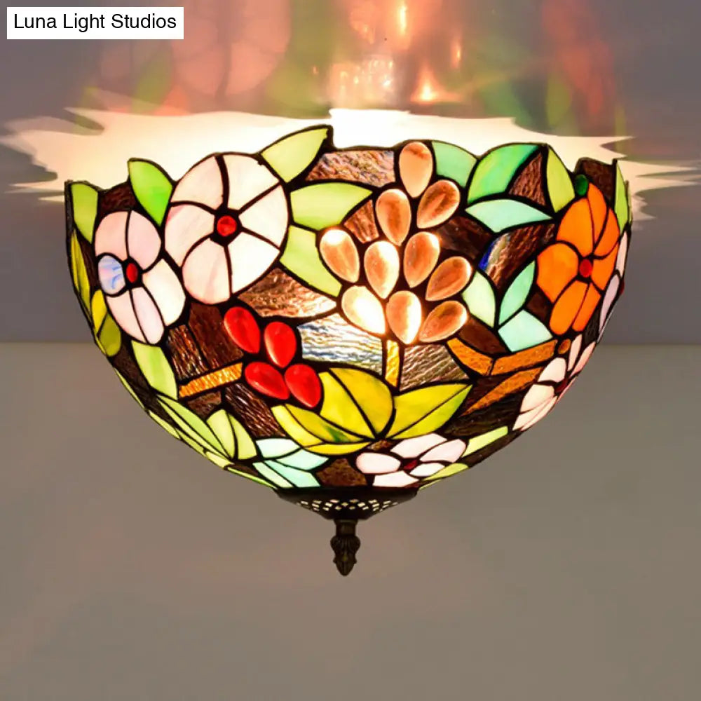Flower Ceiling Lighting Tiffany Brass Flush Mount Light For Hallway - 2/3 Lights 12’/16’ Wide