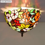 Flower Ceiling Lighting Tiffany Brass Flush Mount Light For Hallway - 2/3 Lights 12’/16’ Wide