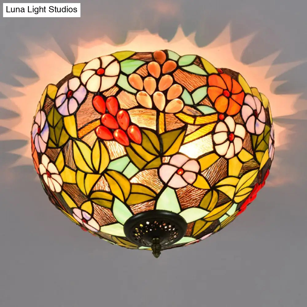 Flower Ceiling Lighting Tiffany Brass Flush Mount Light For Hallway - 2/3 Lights 12’/16’ Wide