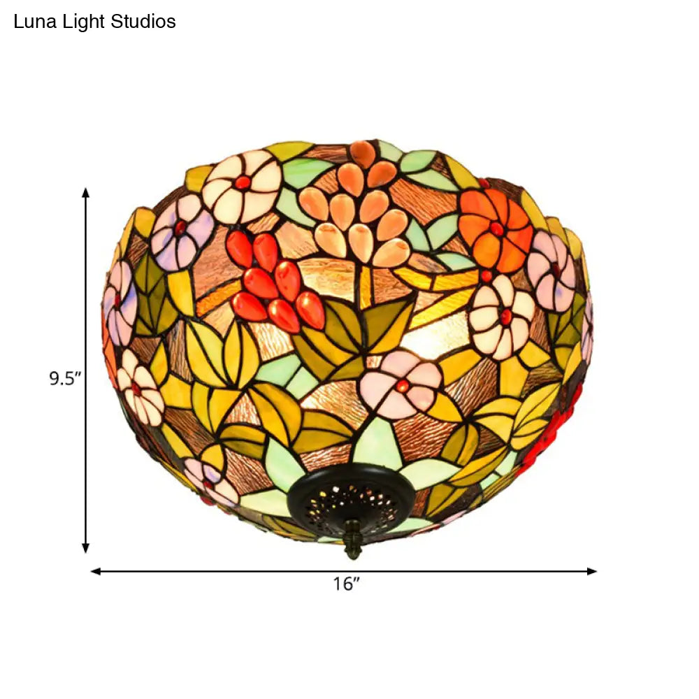Flower Ceiling Lighting Tiffany Brass Flush Mount Light For Hallway - 2/3 Lights 12’/16’ Wide