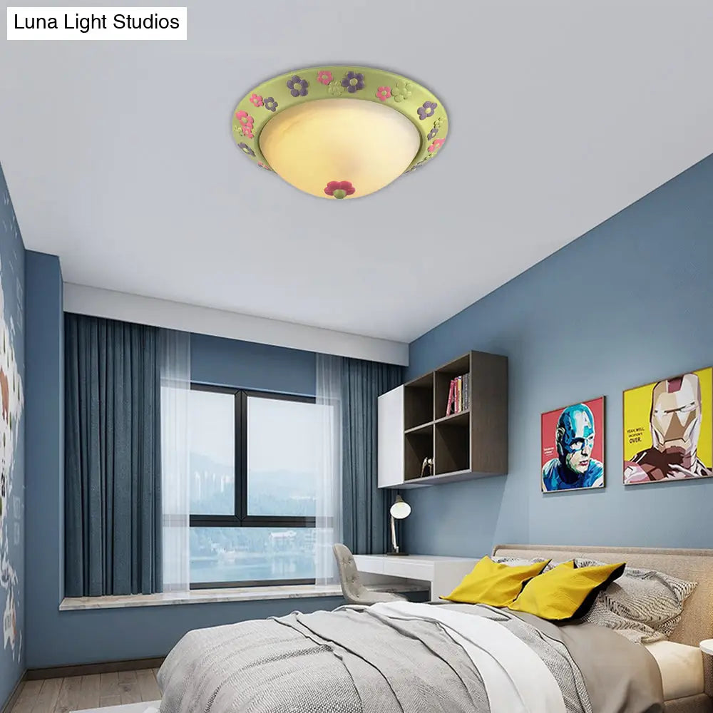 Flower Deco Glass Green Ceiling Lamp: Modern Flush Light For Kindergarten