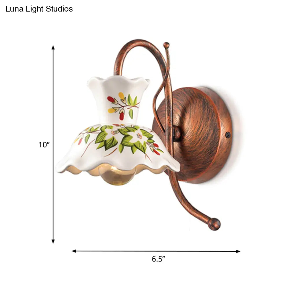 Flower-Patterned Ceramic Wall Sconce With Scalloped Design 1 Bulb White Copper Gooseneck Arm -