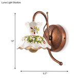Flower-Patterned Ceramic Wall Sconce With Scalloped Design 1 Bulb White Copper Gooseneck Arm -