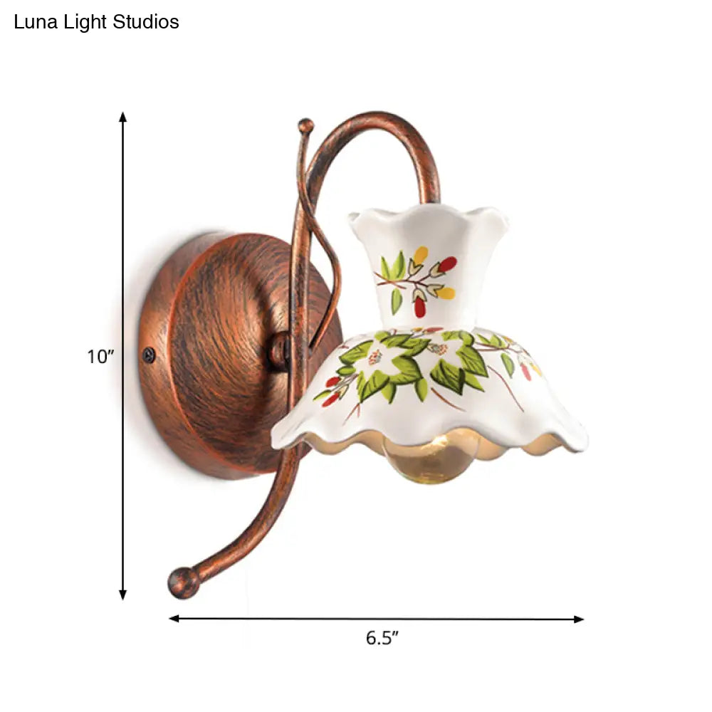 Flower-Patterned Ceramic Wall Sconce With Scalloped Design 1 Bulb White Copper Gooseneck Arm -