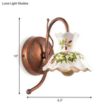 Flower-Patterned Ceramic Wall Sconce With Scalloped Design 1 Bulb White Copper Gooseneck Arm -