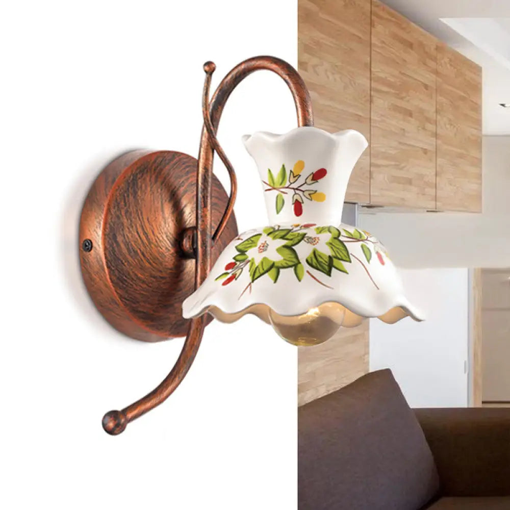 Flower-Patterned Ceramic Wall Sconce With Scalloped Design 1 Bulb White Copper Gooseneck Arm -