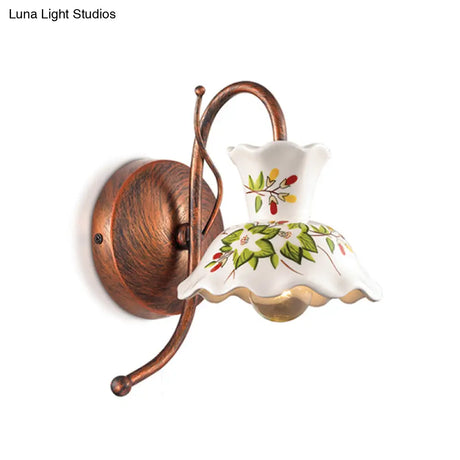 Flower-Patterned Ceramic Wall Sconce With Scalloped Design 1 Bulb White Copper Gooseneck Arm -