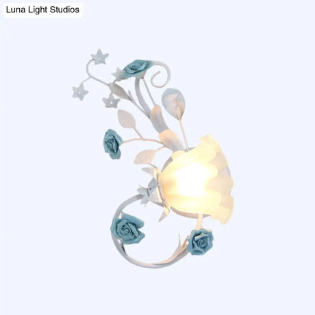 Flower Shade Frosted Glass Wall Sconce - Countryside 1-Light Bedroom Lamp In White