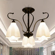 Flower-Shaped White Glass Ceiling Light Fixture With 3/6/8 Lights For Classic Living Room