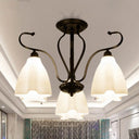 Flower-Shaped White Glass Ceiling Light Fixture With 3/6/8 Lights For Classic Living Room